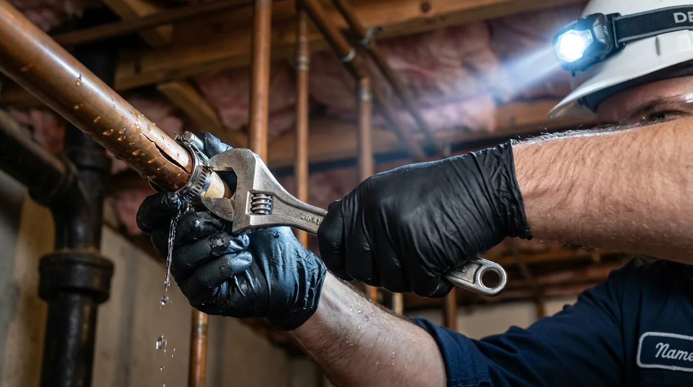 Emergency pipe clamp repair being performed by a Johns Plumbing LLC plumber in Valdosta