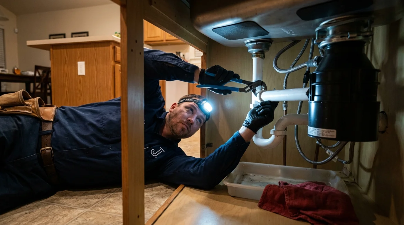 P-trap and supply line connections under a kitchen sink showing a common leak point in Valdosta, GA